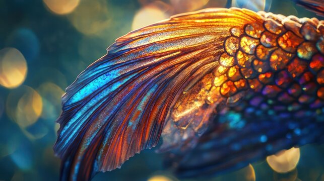 Close-Up of a Vibrant Mermaid Tail with Iridescent Scales and Soft Bokeh
