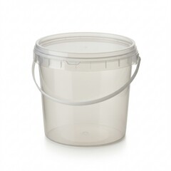 Empty transparent food-grade plastic bucket with a secure lid and handle, perfect for storing fresh bee honey or beekeeping supplies