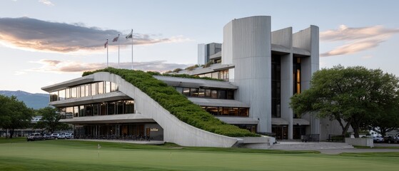 Inverted pyramid church features a unique design of concrete and glass, nestled in nature near a golf course during golden hour