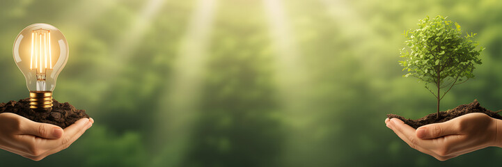 Light Bulb and Seedling: Hands cradling a glowing light bulb and a vibrant young tree, against a background of lush green foliage, symbolizing sustainable energy and ecological balance.