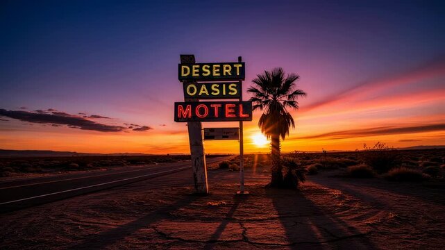 Desert oasis motel sign at sunset. Iconic americana road trip landmark. Vintage neon signage with palm tree silhouette against vibrant orange sky. Retro travel concept.