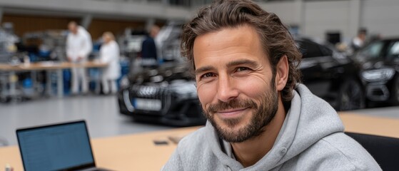 Fototapeta premium Man in casual attire smiles while working on a laptop in a factory, surrounded by modern car production equipment and vehicles