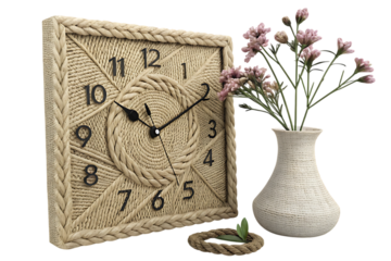 Rustic square wall clock adorned with natural rope and decorative flowers in a vase