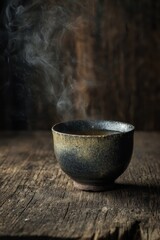 Steaming hot beverage in a rustic ceramic bowl on a wooden surface.