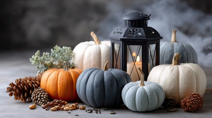 Charming Halloween pumpkins and illuminated lanterns set a spooky mood amidst smoke, ideal for Halloween festivities and gatherings