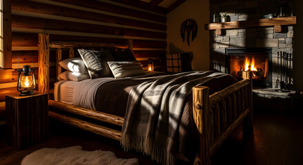 Cozy Lodge Bedroom With Log Bed And Fireplace Creating Peaceful Ambiance For Relaxation