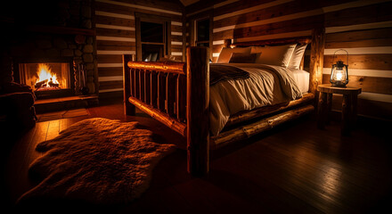 Cozy Log Cabin Interior with Fireplace, Bed, and Warm Lantern Illuminating the Room