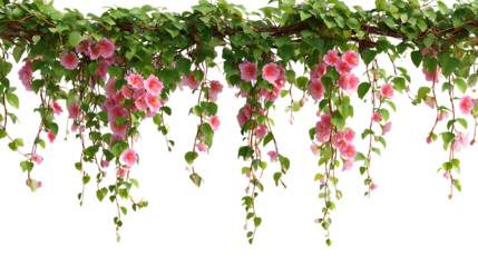 Hanging pink flower vines with green leaves isolated on white background. 