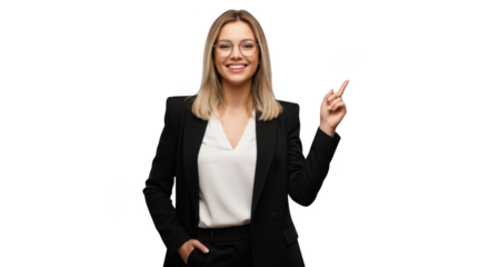 Smiling businesswoman points and gestures during presentation transparent background