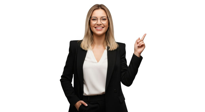 Smiling businesswoman points and gestures during presentation transparent background
