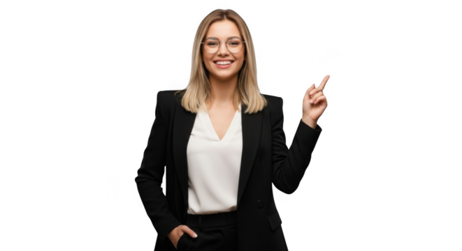 Smiling businesswoman points and gestures during presentation transparent background