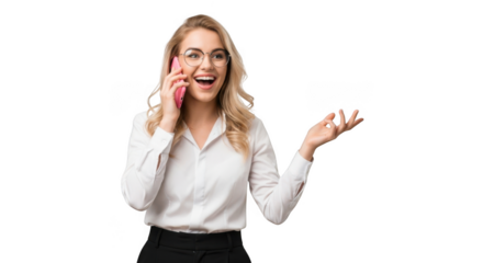 Happy woman talking on phone gesturing with hand smiling transparent background