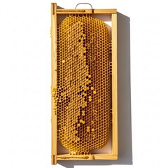 A close-up, top-down view of a beekeeper's wooden frame filled with honeycomb, showcasing natural bee-made hexagonal cells, on a white background