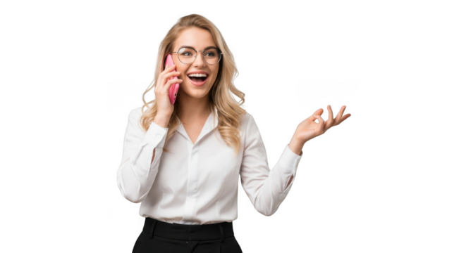 Happy woman talking on phone gesturing with hand smiling transparent background