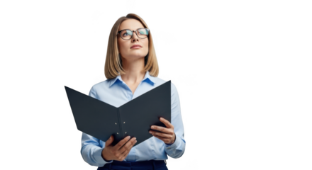 Woman in glasses reading a document focused on business growth transparent background