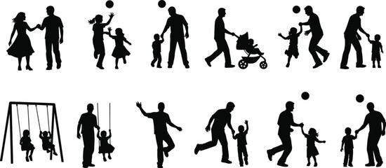 Silhouette of Family Playing, Parents with Children Outdoors, Swing, Ball Games, Walking, Bonding, Happy Moments, Park Activity, Love