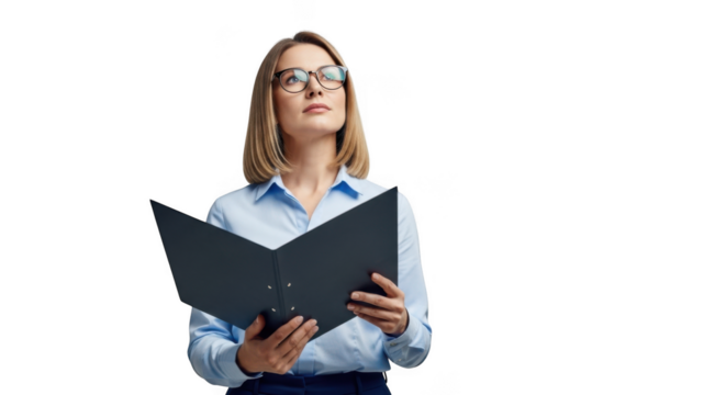 Woman in glasses reading a document focused on business growth transparent background