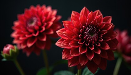 Close-up vibrant red dahlia flowers against a dark background. Blossoms showcase intricate petal details. Perfect for floral designs, greetings cards, wedding invitations or beauty product promotion.