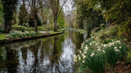 Fototapeta premium Serene canal through a spring garden