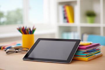 Fototapeta premium Teachers celebrate learning tools on World Teachers Day with modern tablet placed on desk surrounded by colorful supplies and books