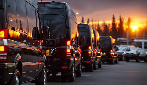 Many black luxury vans parked in a row at a car dealership with a close up view of the tail lights against a sunset