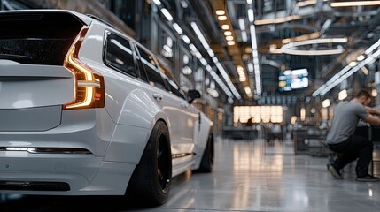Obraz premium A person uses a high-pressure hose to clean a grey SUV in a bright, elegant garage with cinematic lighting and a sophisticated atmosphere.