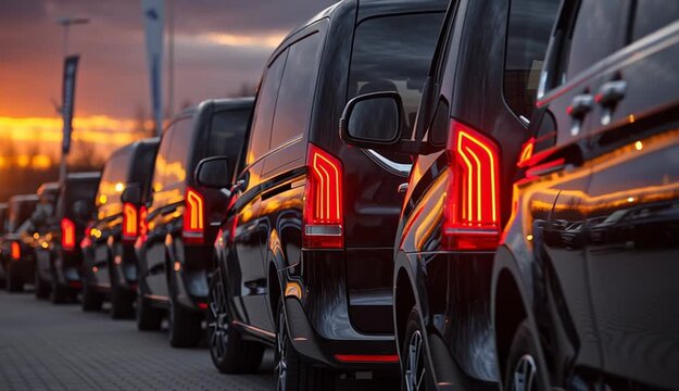 Many black luxury vans parked in a row at a car dealership with a close up view of the tail lights against a sunset