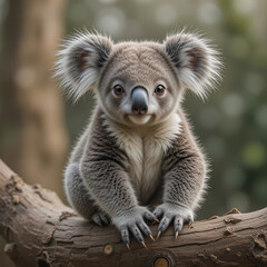 A portrait of a young koala sitting on wood, showcasing soft fur, gentle eyes, natural.