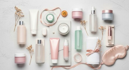 Obraz premium Elegant Beauty and Skincare Product Arrangement on Marble Surface Still Life