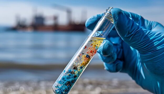 A scientist holding a test tube full of microplastics collected from the Sea. Water pollution and industrial waste management
