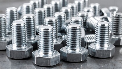 Close-up on new shiny metal bolts, reflecting light on dark surface