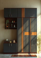 Modern dark gray and light brown wardrobe unit with accent details and a low cabinet, creating a stylish and functional space.