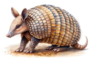 Fototapeta premium Watercolor Illustration of a Nine Banded Armadillo Standing on Dirt with a White Background