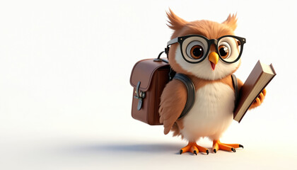 Cute cartoon owl student character with glasses, backpack holds book ready for school. Adorable bird illustration represents wisdom, learning, education concepts. Whimsical digital art isolated on