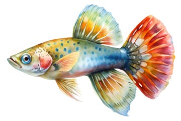 Fototapeta premium Colorful Guppy Fish Watercolor Illustration Exotic Pet Tropical Fish Isolated on White