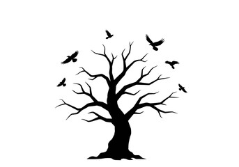 Barren Tree Silhouette with Birds in Flight.
