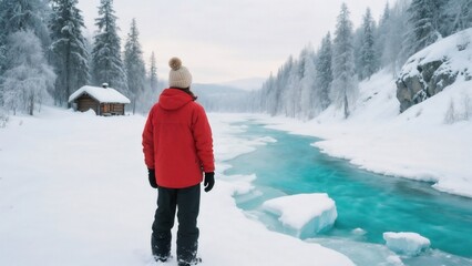 Person admiring a turquoise river flowing through the snowy forest.