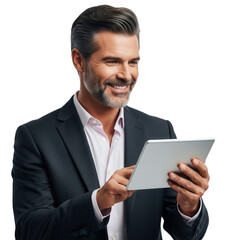 Confident businessman smiles while holding and using a tablet computer transparent background