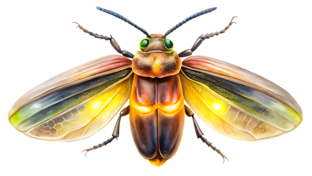 Illustration of a firefly with glowing wings isolated on transparent background