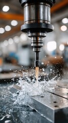 Industrial drill operates swiftly to create holes in metal plates, showcasing precision in a bustling factory filled with machinery