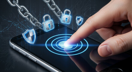 Finger scans phone, unlocking secure data symbolized by chain, locks, and shields, representing digital security and protection