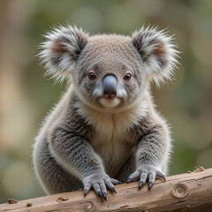 Fototapeta premium A portrait of a young koala sitting on wood, showcasing soft fur, gentle eyes, natural.