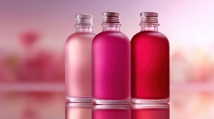 Three colorful bottles of liquid with different shades.