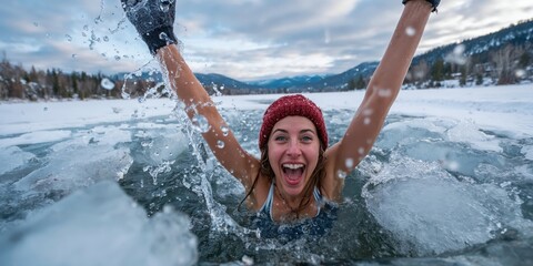 Excited young woman swimming in icy water lake with pure energy and exhilaration.