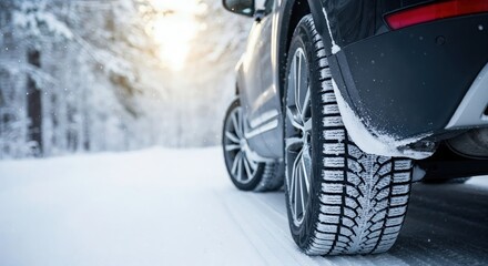 Close up of a car tire on a snowy road with copy space suggesting suggests movement, journey, and safety in winter driving.