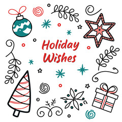 Hand-drawn Christmas and New Year 2026 greeting card illustration with doodle-style festive elements including snowflakes, stars, Christmas trees, ornaments, gifts, and holiday wishes text. 