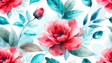 Red rose and teal leaf watercolor floral pattern