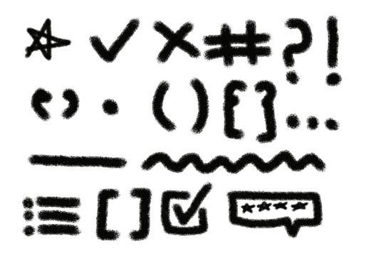 Hand-Drawn Symbol PNG – Sketch Style Icons and Punctuation for UI Design.