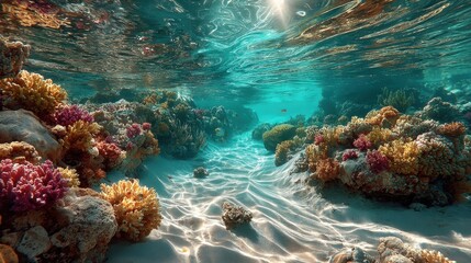 Naklejka premium Underwater scenery featuring a Vibrant Coral Reef and Various Fish swimming at Daytime, Sun Rays penetrating the Surface