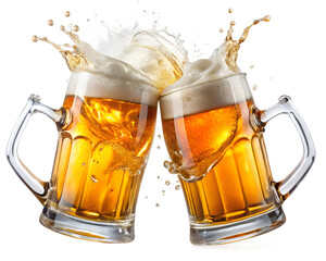 Two beer mugs clinking together with splashing beer isolated on a transparent background